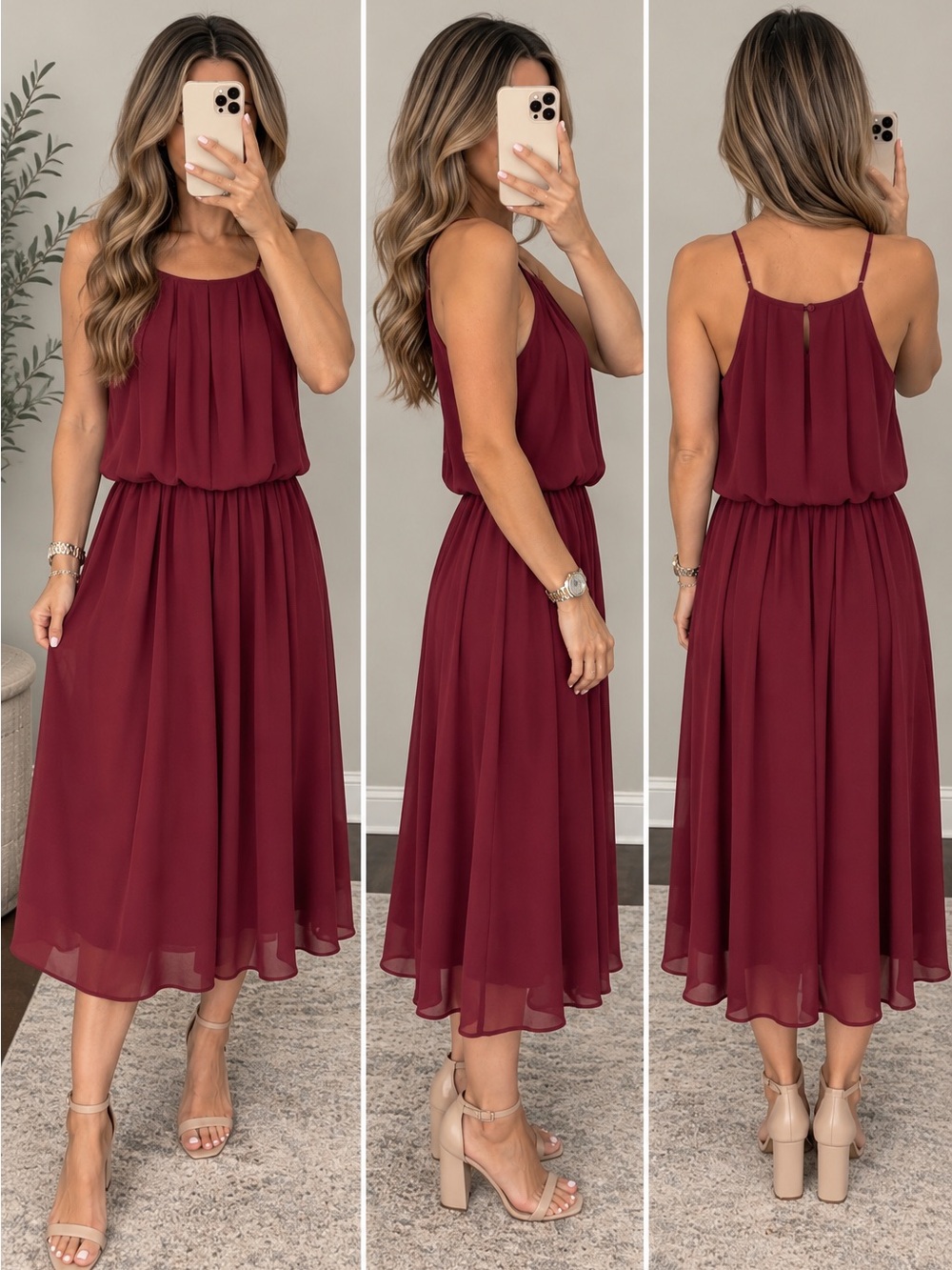 Blue Rain Size M Burgundy Wine Pleated Flowy Midi Dress with Pockets